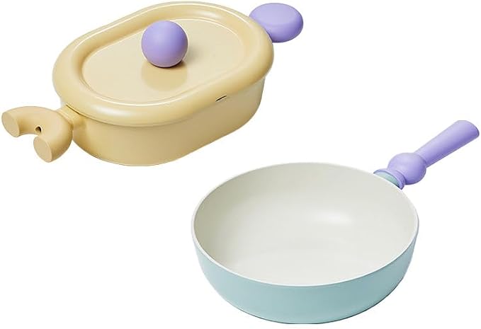 Neoflam Better Finger Cookware Set - Mint and Yellow, Beginner 3-Piece Ceramic Coating Kitchen Pot and Wok
