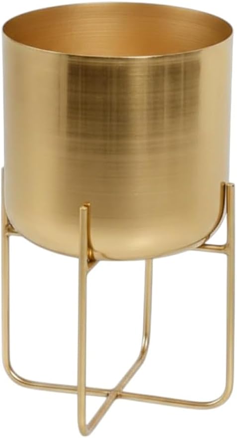Serene Spaces Living Modern Mid‑Century Metal Indoor Planter with Stand, Gold Planter Pot for Houseplants & Indoor Plants – Living Room, Kitchen & Office, 7.25" Diameter & 13" Tall