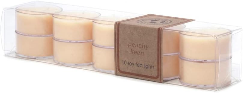 Eco Candle Co. Peachy Keen Tea Light Candles, 10-Pack, 9 Hr Burn Time | Scents of Peaches, Sugar, & Lemon Juice - Recyclable Plastic Cups, No Lead, Hand Poured, Midwest Grown Soybeans, .6 oz. Each