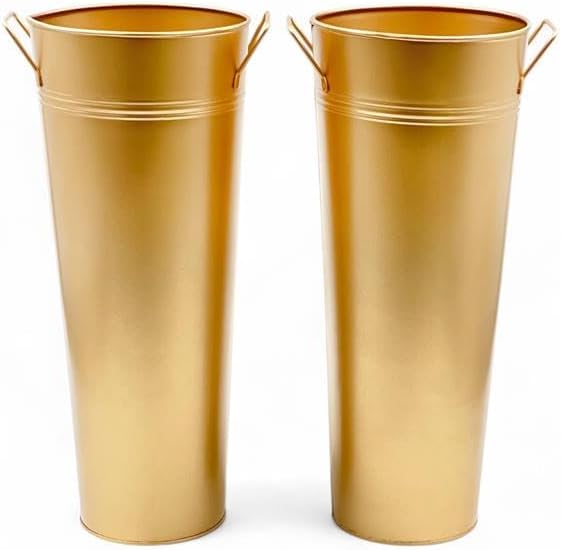 Hosley Set of 2 Gold Metal French Bucket with Handles & PVC Liner, 6" Dia x 15" H for Weddings, Parties, Country Picnics, Floral Arrangements, Tableware Storage, or Gardens - Rustic Farmhouse Décor