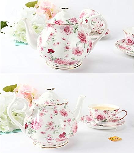 BTaT- Floral Tea Pot with Gift Box, 38 oz, White with Pink Roses & Gold Trim, Porcelain Teapot Ceramic, Dishwasher Safe