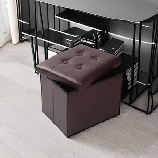 ALASDO Storage Ottoman Footrest Stool Small Ottoman with Storage Foldable Ottoman Leather Foot Rest Footstool Bench for Living Room 17x13x13inches Brown