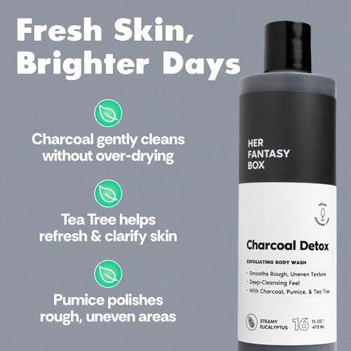 Her Fantasy Box | Charcoal Detox Exfoliating Body Wash – Activated Charcoal & Pumice Deep Cleanser with Tea Tree & Eucalyptus, Refreshing Exfoliation for Smoother Skin, Vegan & pH Balanced (16 oz)