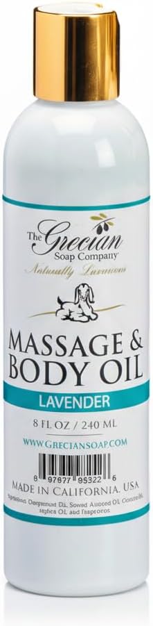 The Grecian Soap Company Massage & Body Oil – Lavender Scented Moisturizing Oil for Massage, Dry Skin, or Spa Use, 8 oz