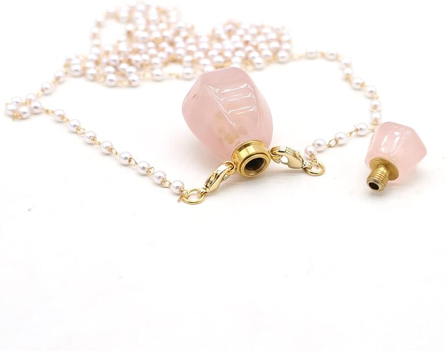 1pcs Natural Rose Quartz Stone Perfume Bottle Pendant Pearl Bead Chain Rectangle Heart Necklace for Women Jewelry Free Accessory Glasses