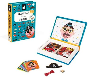 Janod - Magnetibook 83 Pc Magnetic Boy Crazy Face Dress Up Game - Decorating Fridge with Magnetic Letters - Enhances Creativity and Learning - Boosts Self-Confidence - Portable and Easy Storage