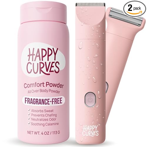 HAPPY CURVES Talc-Free Anti-Chafe Comfort Powder (Fragrance-Free) & Smoothie 2.0 Waterproof Bikini Trimmer (Guava) Bundle - Intimate Care for Women
