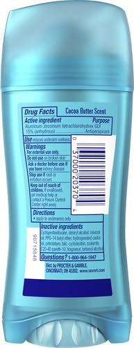Secret Fresh Antiperspirant Deodorant for Women,72hr Breathable Sweat & Odor Protection,Instant Freshness & Gentle,PH Balancing Minerals,Invisible Solid,Cocoa Butter Scent,2.6 oz,(Pack of 2)