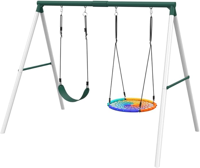 Hapfan 7.5ft Tall Swing Sets for Backyard, 500lbs Heavy Duty Metal Swing Set for Kids and Adults with Spider Swing and Belt Swing, A-Frame Outdoor Swingset Play Equipment (Green and White)
