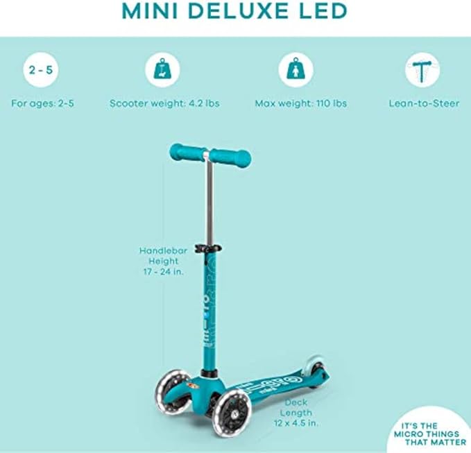 Micro Kickboard Mini Deluxe LED Three-Wheeled Lean-to-Steer Swiss-Designed Micro Scooter