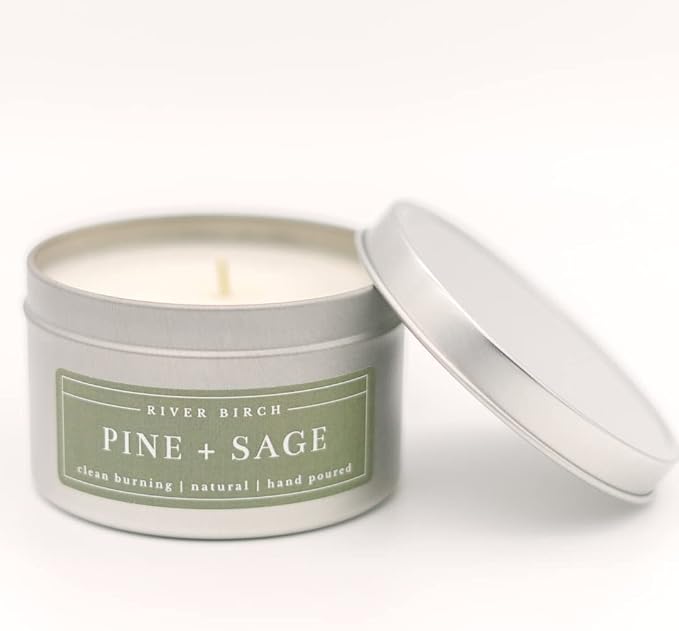 River Birch Candles Pine + Sage Scented Candle | Premium, All-Natural, Non-Toxic, Soy Candles | 8 oz. Silver Tin Travel Candle | Cozy Relaxing Gifts for Home
