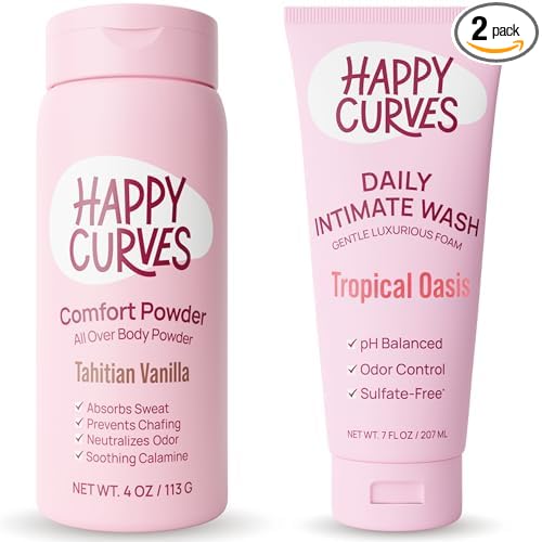 HAPPY CURVES Talc-Free Anti-Chafe Comfort Powder (Tahitian Vanilla) & pH Balanced Sulfate-Free Feminine Wash (Tropical Oasis) Bundle - Intimate Care for Women