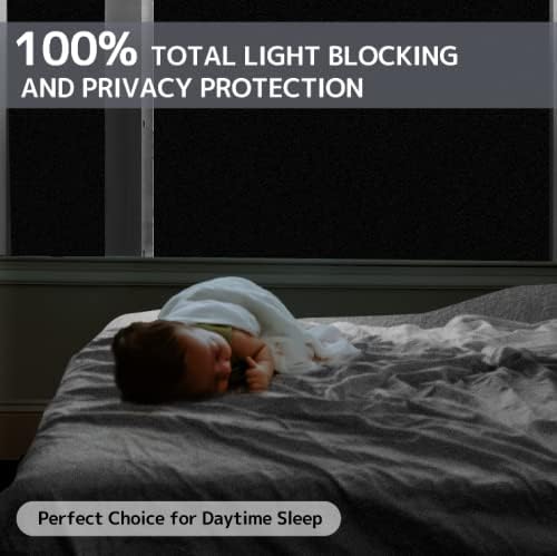 KESPEN Total Blackout Window Film Privacy Static Cling, 100% Light Blocking Anti-UV Room Darkening Glass Tint, Heat Control Reusable Door Cover for Day Sleeping with Grid Line,35.4 Inch X 6.5 Feet