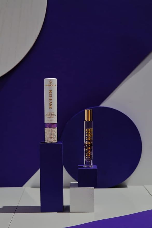 Essential Oil Rollerballs, .34 OZ, Release - Amethyst Crystal Infused - Scent of Lavender, Bergamot, & Frankincense - Aromatherapy Roll On Oils, Skin Care, Massage