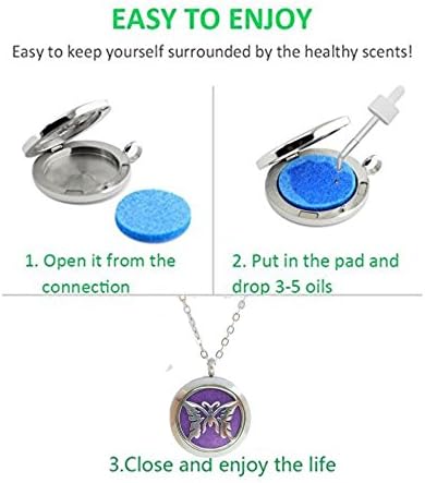 Aromatherapy Essential Oil Diffuser Stainless Steel 30MM Silver Magnetic Locket Pendant with Chain Necklace and Colored Refill Pads & Diffuser Bracelet All in a Velvet Bag (butterfly2)