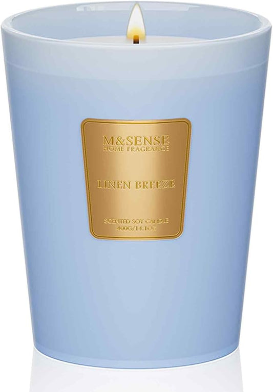 M&SENSE Linen Breeze Candle Summer Scented for Home, 14.1oz Large Candle Non Toxic 60 Hours Long Lasting Burning, Clean Linen Aromatherapy Candles for Home & Bathroom Decor