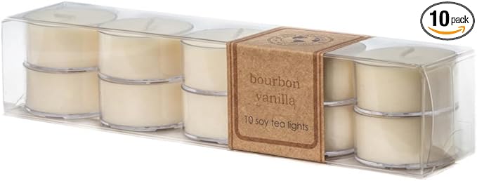 Eco Candle Co. Bourbon Vanilla Tea Light Candles, 10-Pk, 9 Hr Burn Time | Scents of Bourbon, Vanilla, Tonka Bean, Cedarwood, & Cardamom - Recyclable, No Lead, Hand Made, .6 oz. Ea, Midwest Soybeans