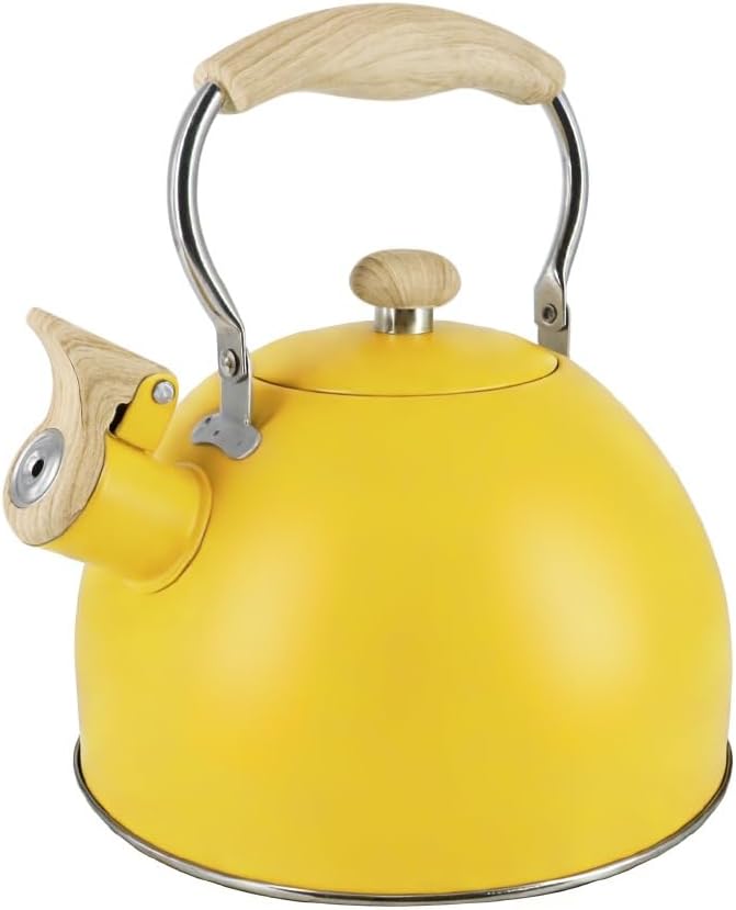 Lily's Home Whistling Tea Kettle, Teapot for Stovetop, Pleasant Whistle Sound, Heat Resistant Plastic Handle – Faux Wood Finish, Non Toxic Stove Kettle for Boiling Water - 2.5 Quarts (Yellow)