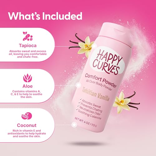 HAPPY CURVES Talc-Free Anti-Chafe Comfort Powder (Tahitian Vanilla) & pH Balanced Sulfate-Free Feminine Wash (Tropical Oasis) Bundle - Intimate Care for Women