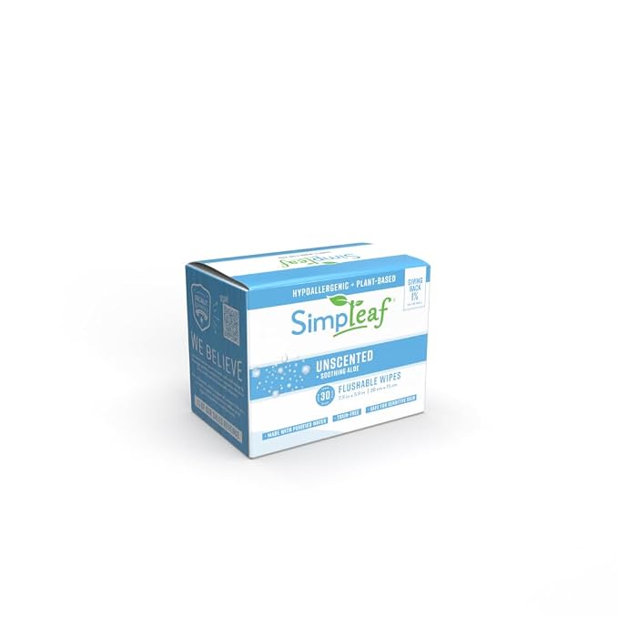 Simpleaf Flushable Unscented Single Pack Wet Wipes | Eco-Friendly Paraben & Alcohol Free | Hypoallergenic & Safe for Sensitive Skin | Soothing Aloe Vera Formula | (30 x 4 Single Pack Wipes)