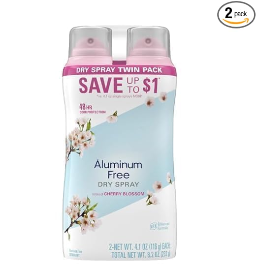 Dry Spray Deodorant for Women Aluminum-Free, Cherry Blossom Scent Long-Lasting Odor Protection 4.1oz, 2-Pack