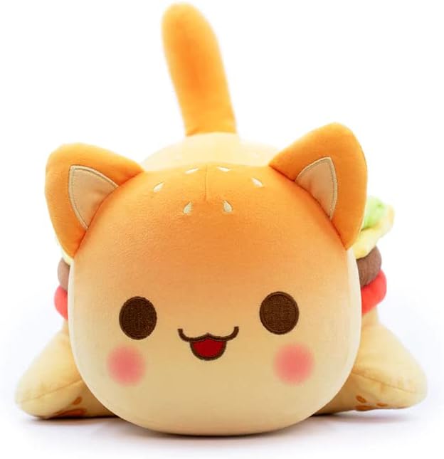 61-PCS | Cheeseburger Cat Plush + 60 PCS Sticker - Food Themed Mini Squishy Figures - Embroidery Realistic Plush Pillow - Kawaii Hamburger Cat Stuffed Animal Collectibles - Includes Cartoon Stickers