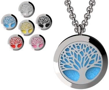 Wild Essentials 3 Necklace Set, Tree of Life, Flower of Life, Wrought Iron Essential Oil Diffuser Necklace Stainless Steel Locket Pendants with 24 inch Chains, 36 Refill Pads, Color Changing Jewelry