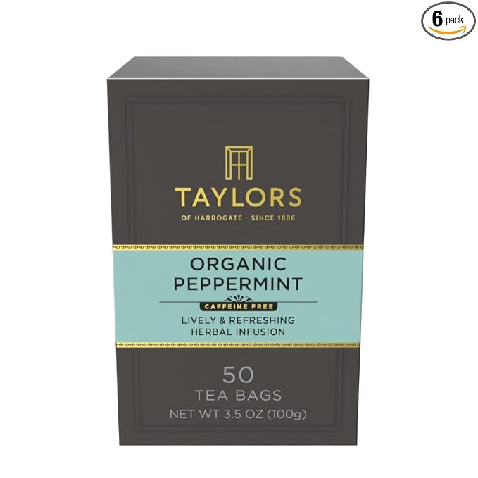 Taylors of Harrogate Organic Peppermint, Herbal Tea, Pillow Tea Bags, 50 Count (Pack of 6), Clean, Pure and Refreshing, Caffeine-Free, Enjoy Hot or Iced, 300 Teabags Total