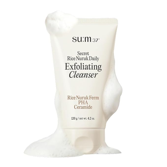 SU:M Secret Rice Nuruk Daily Exfoliating Cleanser (4.23 Fl Oz) - Soft Micro Foam Gentle Scrub Wash with PHA & Ceramide - Hydrating, Non-Irritating Pore Cleansing for Smooth Skin, Korean Skin Care