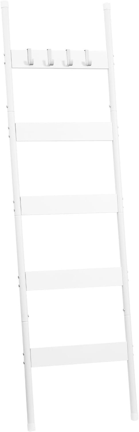 HOOBRO Blanket Ladder, 5-Tier Towel Rack with Hooks, Wall-Leaning Blanket Rack, Decorative Display Ladder Shelf, for Scarves, Industrial, Living Room, Bedroom, White WW52CJ01