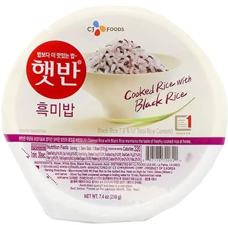 CJ Korean Cooked Rice with Black Rice, microwaveable instant fresh rice - Pack of 6 (210g each)