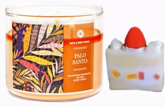 Palo Santo - White Barn Bath/Body Work- 3-Wick Scented Candle 14.5 OZ Burns 25-45 Hours and Strawberry Cake soap (Label Artwork Varies)