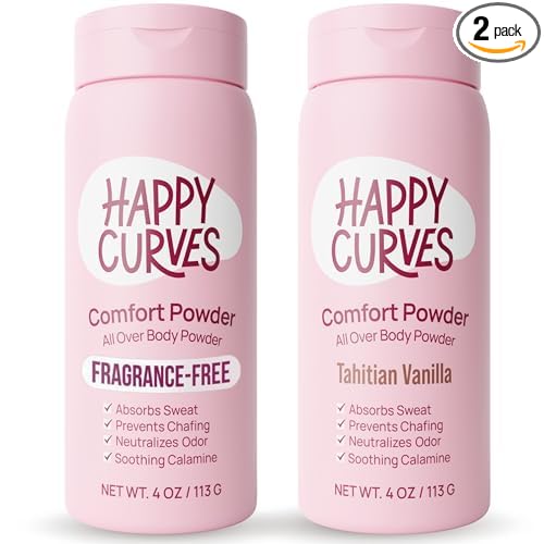 HAPPY CURVES Talc-Free Anti-Chafe Comfort Powder Bundle - Inner Thigh, Private Areas & All Over Body Chafing Relief for Women (Fragrance-Free + Tahitian Vanilla)