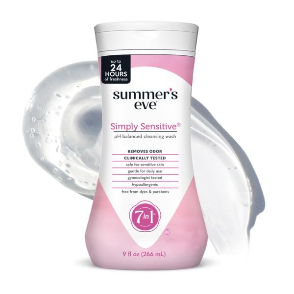 Summer's Eve Simply Sensitive Feminine Cleansing Wash, Sensitive Skin Daily Intimate Wash, Removes Odor, pH Balanced, Hypoallergenic, 9 Ounce (Pack of 2)