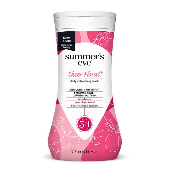 Summer's Eve Sheer Floral Feminine Cleansing Wash, Daily Intimate Wash, Removes Odor, pH Balanced, Gentle for Sensitive Skin, 9 Ounce (Pack of 4)