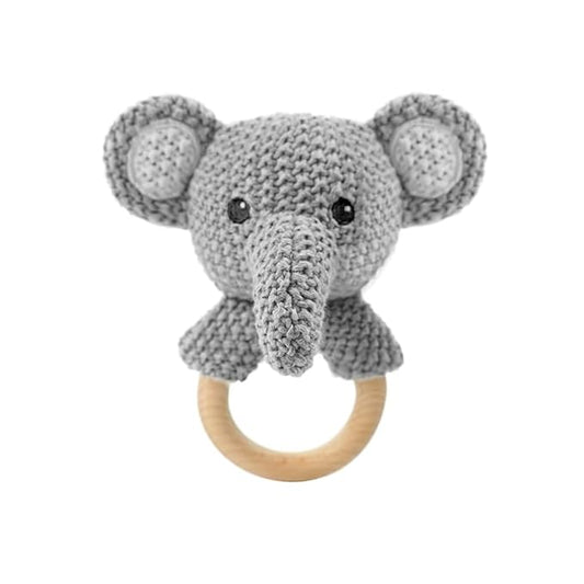 Baby Toys Stuffed Animals Handbell,Elephant Rattle Toy Wooden Rattle Toys for Baby,Knit Stuffed Animal Cute Rattle with Teether Ring Newborn Birthday Gifts（Elephant）