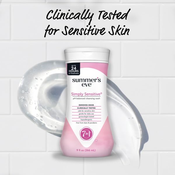 Summer's Eve Simply Sensitive Feminine Cleansing Wash, Sensitive Skin Daily Intimate Wash, Removes Odor, pH Balanced, Hypoallergenic, 9 Ounce (Pack of 2)