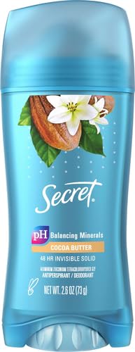 Secret Fresh Antiperspirant Deodorant for Women,72hr Breathable Sweat & Odor Protection,Instant Freshness & Gentle,PH Balancing Minerals,Invisible Solid,Cocoa Butter Scent,2.6 oz,(Pack of 2)