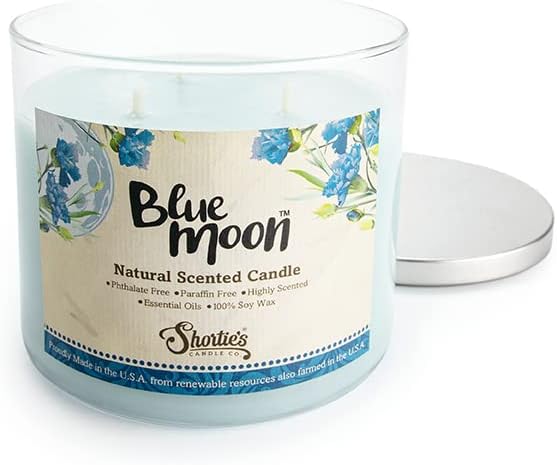 Blue Moon Scented Natural 3 Wick Candle, Essential Fragrance Oils, 100% Soy, Phthalate & Paraben Free, Clean Burning, 14.5 Oz.