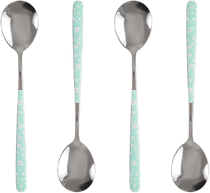Stainless Steel Soup Spoon,Korean Dessert Spoon,Green Daisy Mixed Color Spoon for Home, Kitchen or Restaurant, Set of 4 Green Daisy Colour Soup Spoons, 8 Inches.