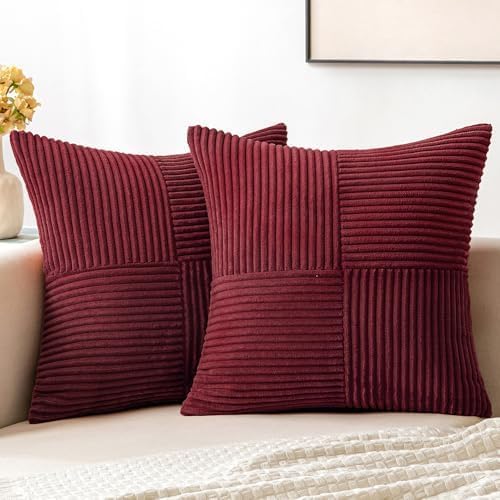 MIULEE Burgundy Decorative Throw Pillow Covers for Couch 18x18 Inch | 2 Pack, Boho Farmhouse Pillow Covers, Soft Cross Corduroy Patchwork Textured Cushion Cases For Bed Sofa