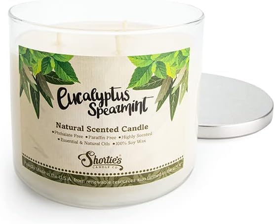 Eucalyptus Spearmint Scented Natural 3 Wick Candle, Essential Fragrance Oils, 100% Soy, Phthalate & Paraben Free, Clean Burning, 14.5 Oz.