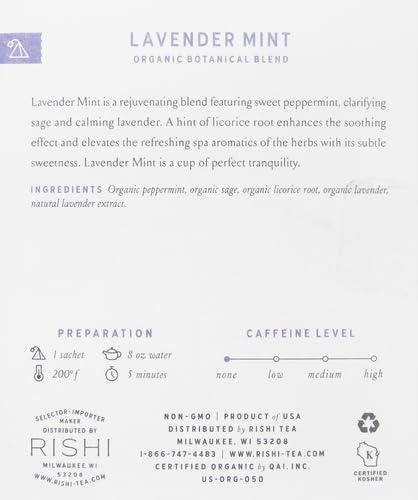 Rishi Tea Lavender Mint Herbal Tea - Organic, Caffeine Free Sachet Bags, Calming Lavender with Peppermint & Sage - 15 Count (Pack of 2)
