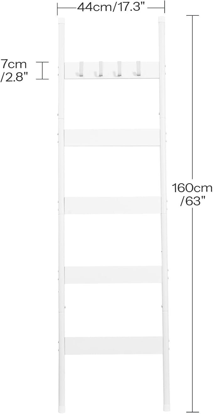 HOOBRO Blanket Ladder, 5-Tier Towel Rack with Hooks, Wall-Leaning Blanket Rack, Decorative Display Ladder Shelf, for Scarves, Industrial, Living Room, Bedroom, White WW52CJ01