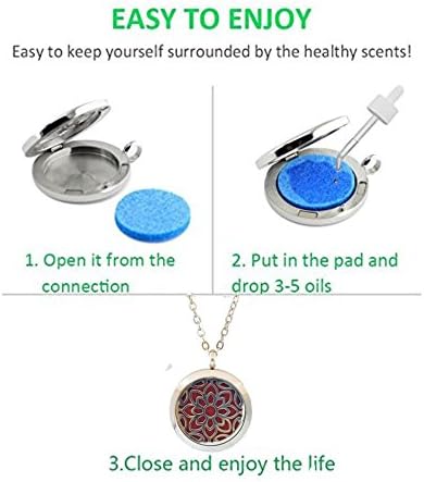 Aromatherapy Essential Oil Diffuser Stainless Steel 30MM Silver Magnetic Locket Pendant with Chain Necklace and Colored Refill Pads & Diffuser Bracelet All in a Velvet Bag (Flower)