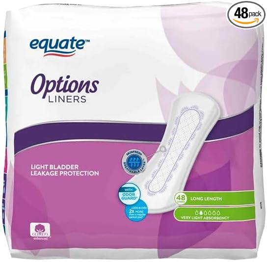 Equate Options Incontinence Liners for Women, Very Light Absorbency, Long Length, Fragrance Free, 48 Count