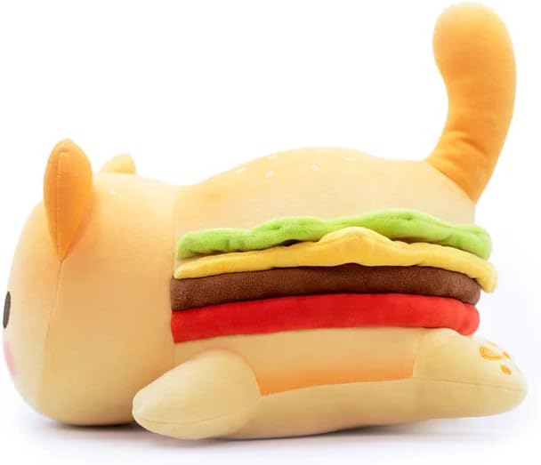 61-PCS | Cheeseburger Cat Plush + 60 PCS Sticker - Food Themed Mini Squishy Figures - Embroidery Realistic Plush Pillow - Kawaii Hamburger Cat Stuffed Animal Collectibles - Includes Cartoon Stickers