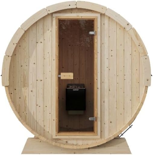 EuroSauna 2-Person Outdoor Barrel Sauna with Shingles, Lighting, & 6kW Harvia Sauna Heater, 81x59 (No Heater)