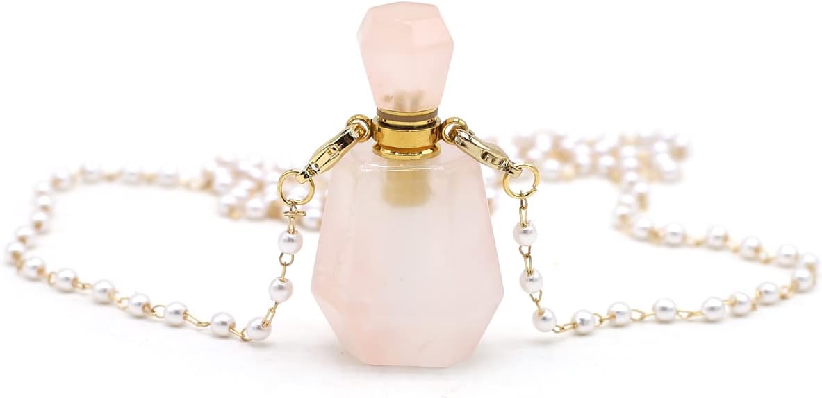 1pcs Natural Rose Quartz Stone Perfume Bottle Pendant Pearl Bead Chain Rectangle Heart Necklace for Women Jewelry Free Accessory Glasses