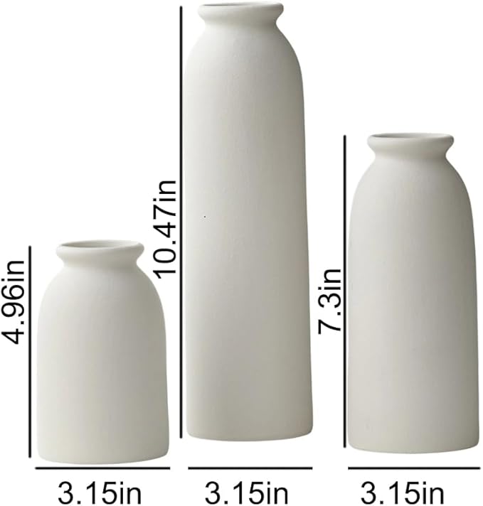 10.6 inches Tall Decorative Ceramic Vase Set, 3 Pieces, Nordic Modern Boho Style, White, for Home Decor (L White)